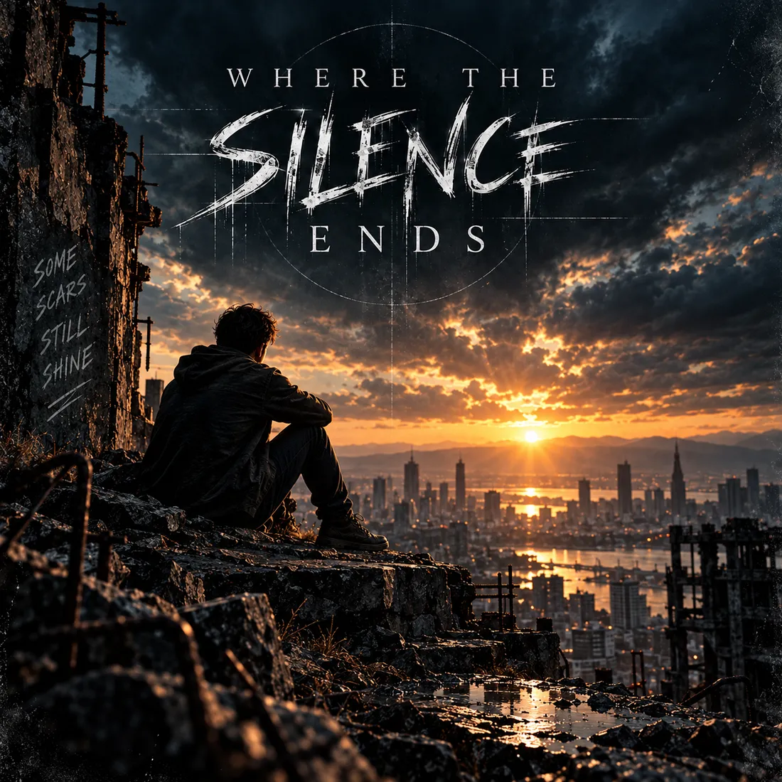 Album cover: a hooded figure sits on a rocky ledge above a city at sunset, beside a wall reading Some scars still shine. Title: Where the Silence Ends.